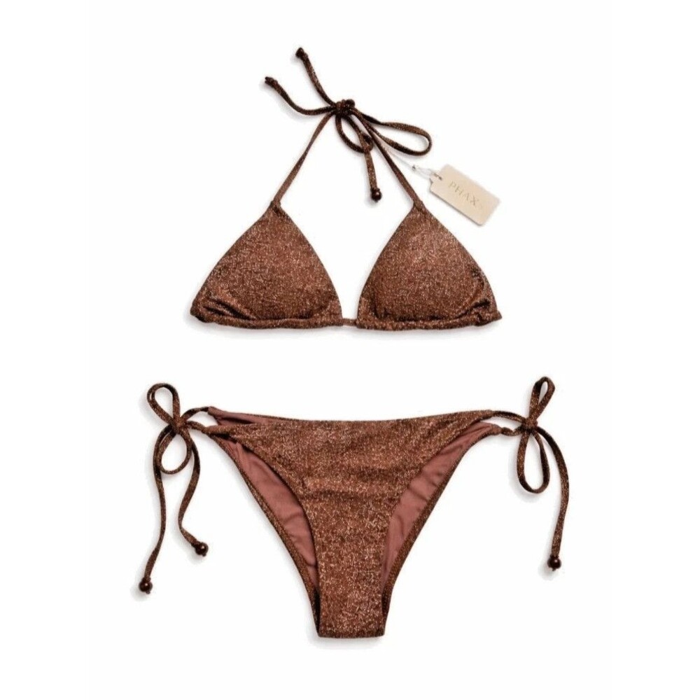 PHAX Glitter String Bikini Set Women Size Large Brown Shimmer Triangle Tie Side